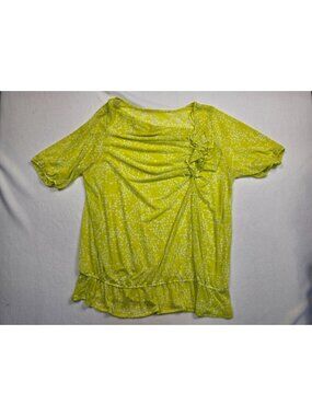 Lane Bryant 22/24 Lime Green Polka Dot Short Sleeve Top Layered Hem Ruffle Accen